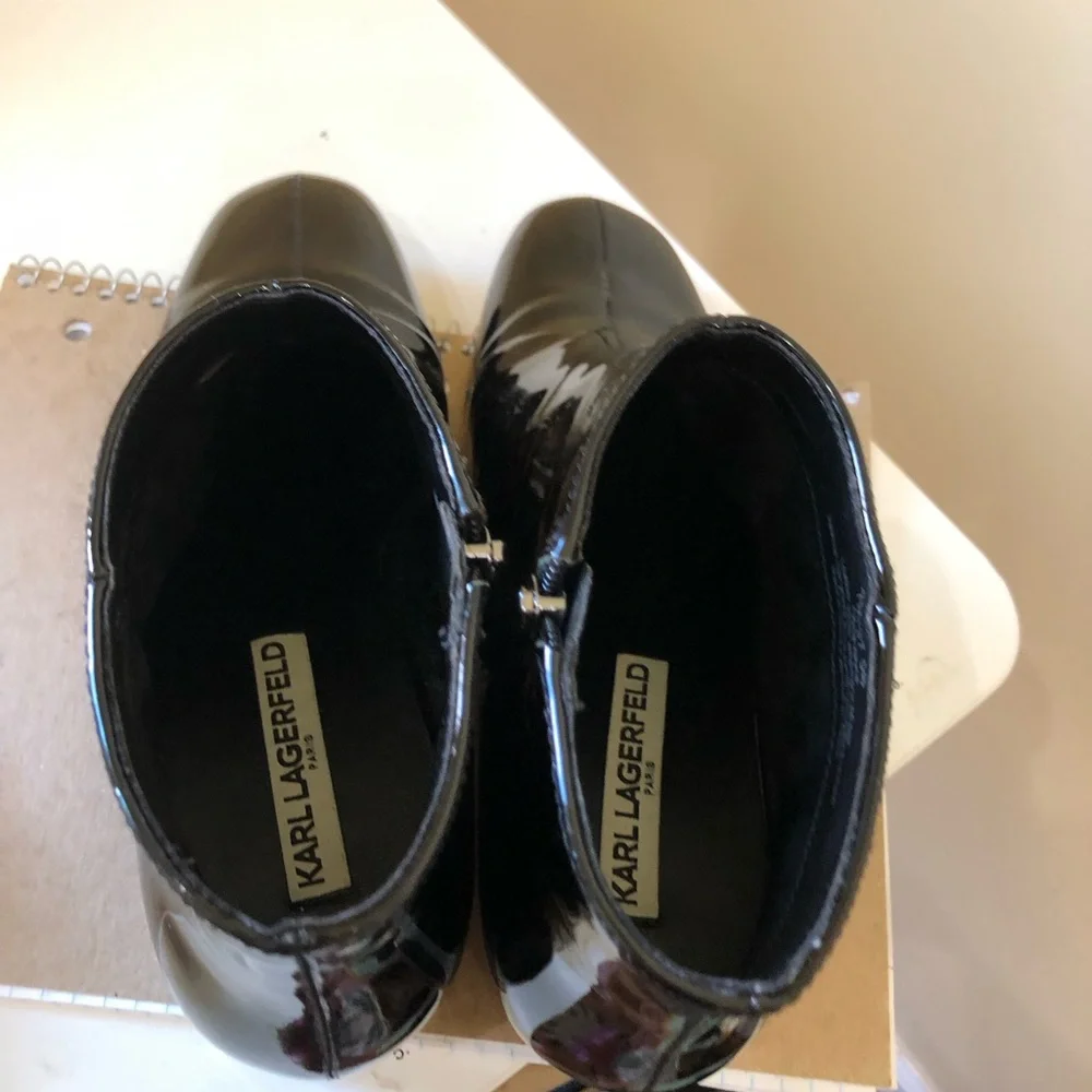 Karl Lagerfeld Glossy Black Patent Ankle Leather Boots Zipper Size 7